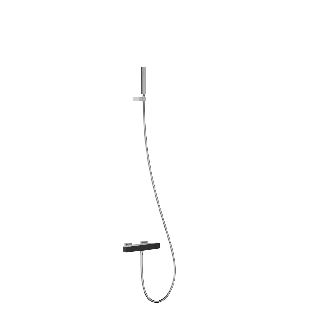 Tres Slim Exclusive fali termosztátos kád és zuhany csaptelep, cascade kifolyóval, kézizuhannyal, fekete-króm 20217409NE