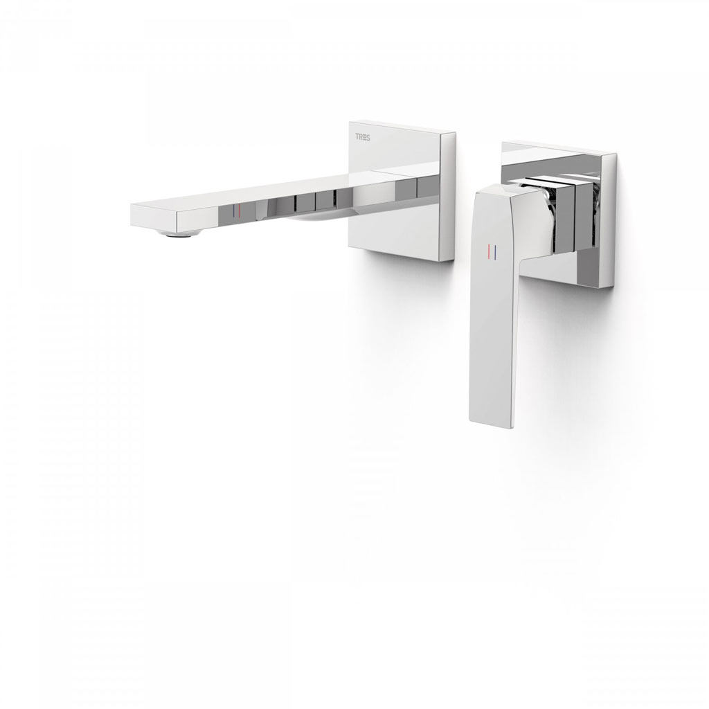 Tres Slim Exclusive falba süllyesztett, kétrészes, egykaros mosdó csaptelep, 180 mm-es kiömlővel, leeresztővel, króm  20230001